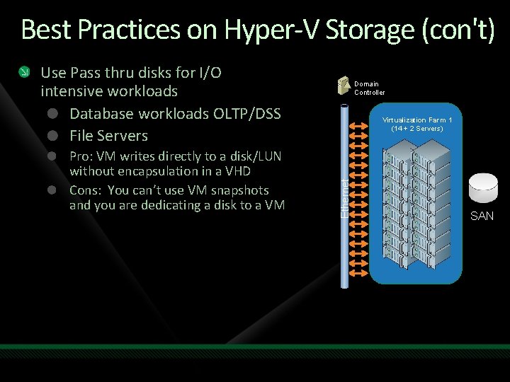 Best Practices on Hyper-V Storage (con't) Use Pass thru disks for I/O intensive workloads Best Practices on Hyper-V Storage (con't) Use Pass thru disks for I/O intensive workloads