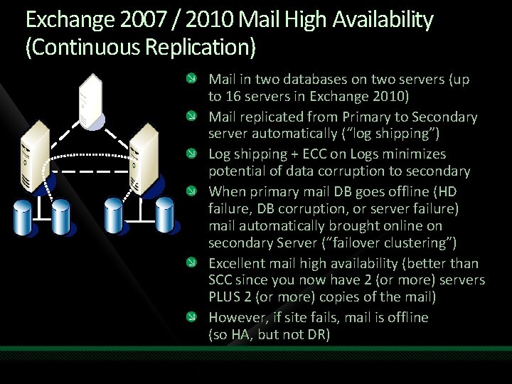 Exchange 2007 / 2010 Mail High Availability (Continuous Replication) Mail in two databases on Exchange 2007 / 2010 Mail High Availability (Continuous Replication) Mail in two databases on