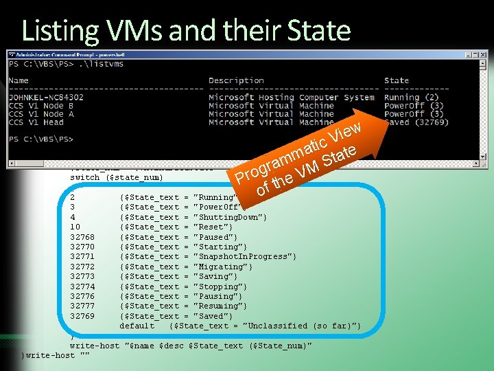 Listing VMs and their State $VMs = get-wmiobject -computername localhost -Namespace rootVirtualization -query "Select Listing VMs and their State $VMs = get-wmiobject -computername localhost -Namespace rootVirtualization -query "Select