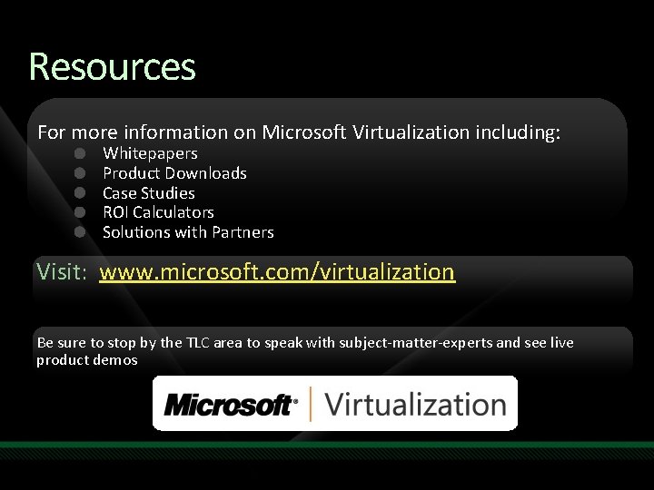 Resources For more information on Microsoft Virtualization including: Whitepapers Product Downloads Case Studies ROI Resources For more information on Microsoft Virtualization including: Whitepapers Product Downloads Case Studies ROI