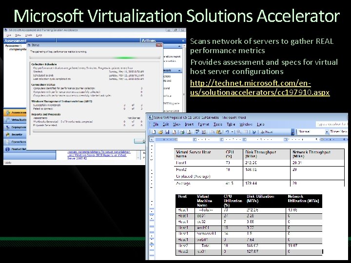 Microsoft Virtualization Solutions Accelerator Scans network of servers to gather REAL performance metrics Provides Microsoft Virtualization Solutions Accelerator Scans network of servers to gather REAL performance metrics Provides