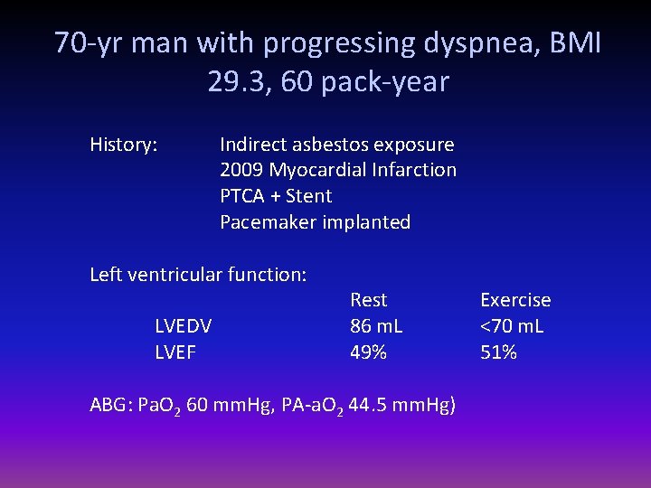 70 -yr man with progressing dyspnea, BMI 29. 3, 60 pack-year History: Indirect asbestos