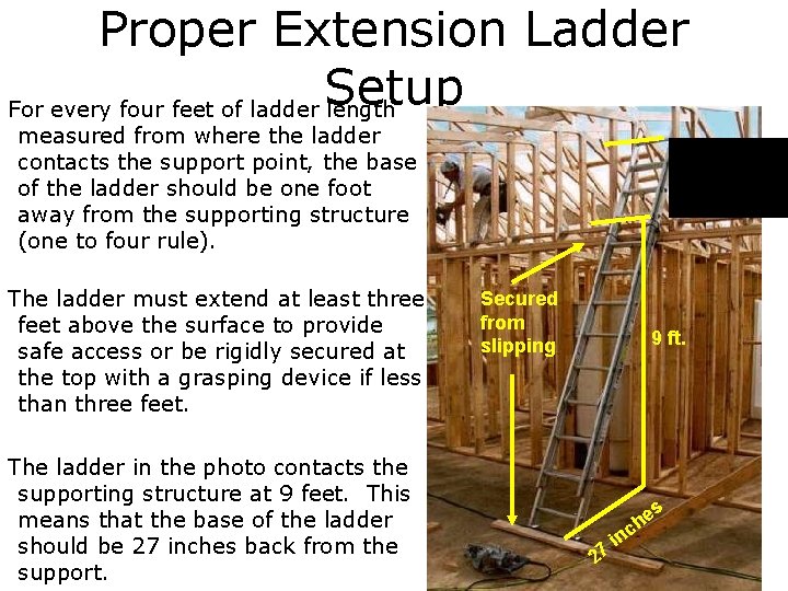 Proper Extension Ladder Setup For every four feet of ladder length measured from where