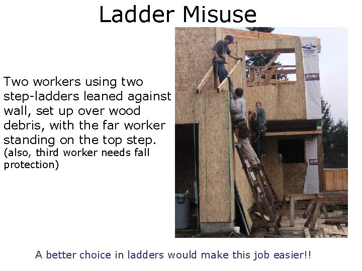 Ladder Misuse Two workers using two step-ladders leaned against wall, set up over wood