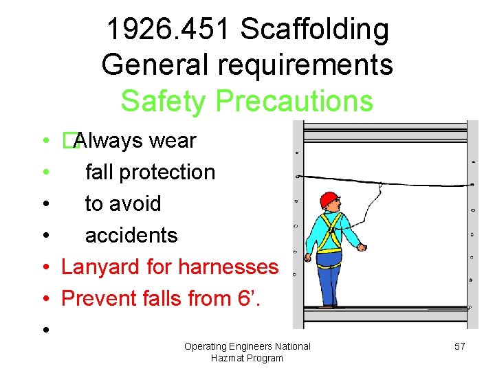 1926. 451 Scaffolding General requirements Safety Precautions • �Always wear • fall protection •