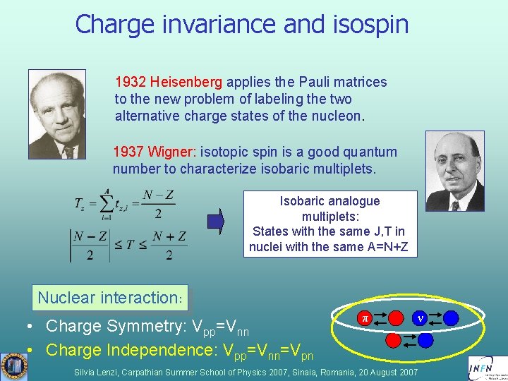 Charge invariance and isospin 1932 Heisenberg applies the Pauli matrices to the new problem Charge invariance and isospin 1932 Heisenberg applies the Pauli matrices to the new problem