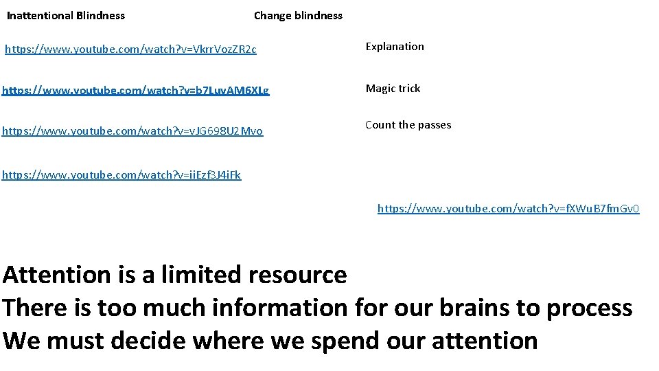 Inattentional Blindness Change blindness https: //www. youtube. com/watch? v=Vkrr. Voz. ZR 2 c Explanation