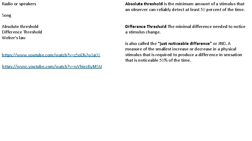 Radio or speakers Song Absolute threshold Difference Threshold Weber’s law https: //www. youtube. com/watch?
