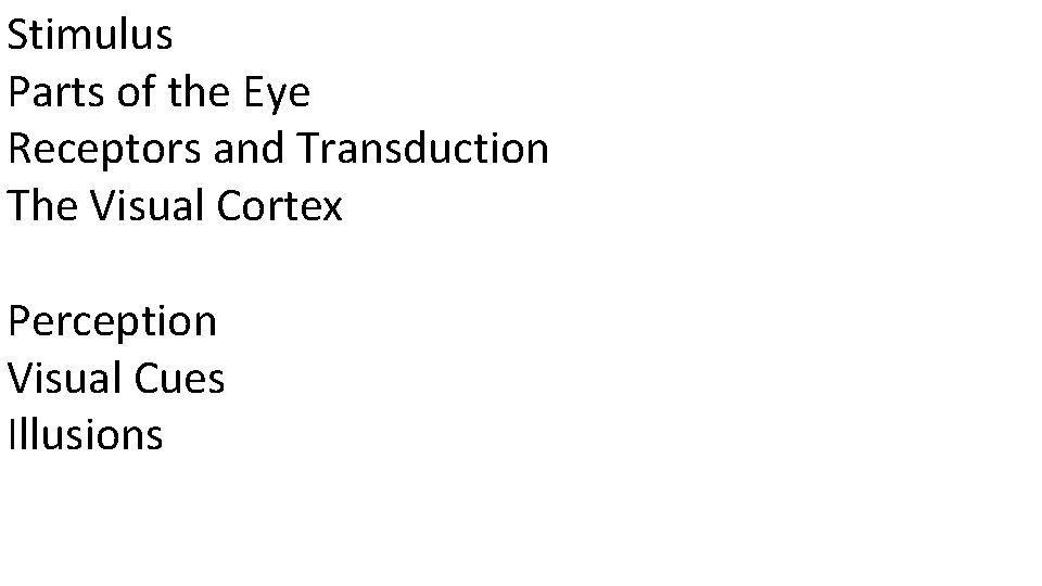 Stimulus Parts of the Eye Receptors and Transduction The Visual Cortex Perception Visual Cues