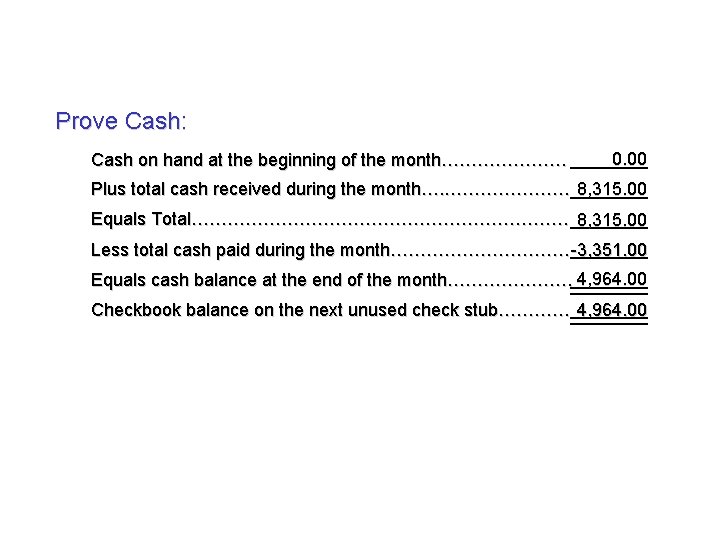 Prove Cash: Cash on hand at the beginning of the month………………… 0. 00 Plus