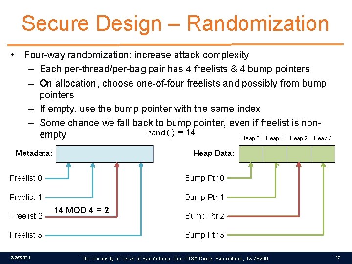 Secure Design – Randomization • Four-way randomization: increase attack complexity – Each per-thread/per-bag pair