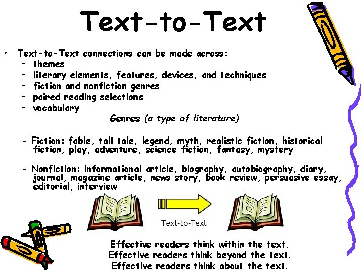 Text-to-Text • Text-to-Text connections can be made across: – themes – literary elements, features,
