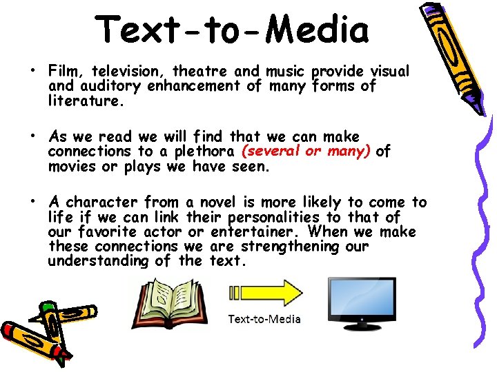 Text-to-Media • Film, television, theatre and music provide visual and auditory enhancement of many