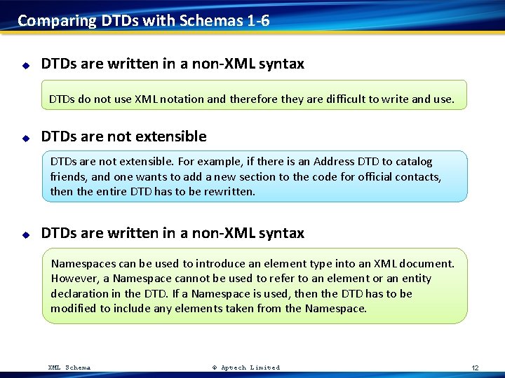 Comparing DTDs with Schemas 1 -6 u DTDs are written in a non-XML syntax