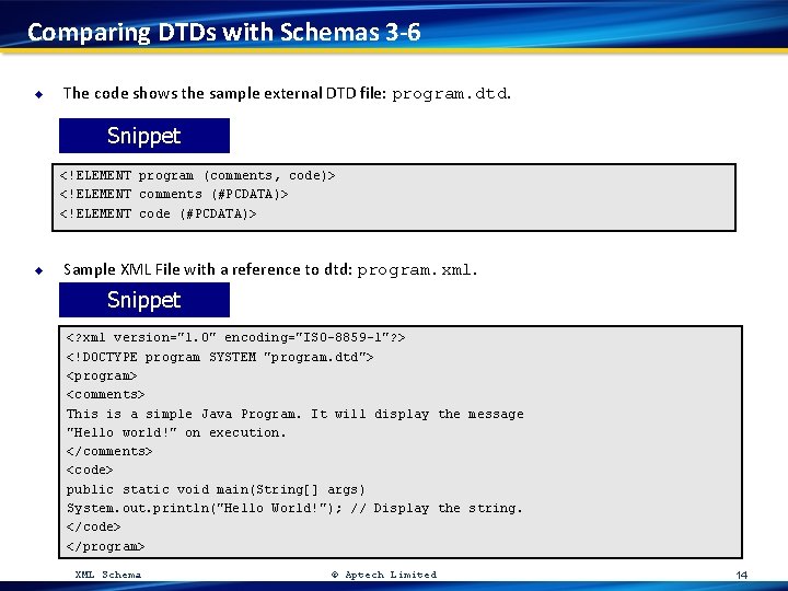 Comparing DTDs with Schemas 3 -6 u The code shows the sample external DTD