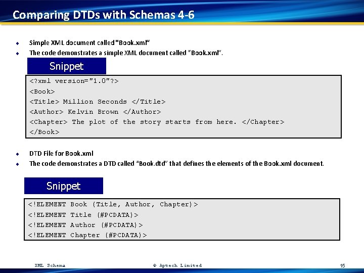 Comparing DTDs with Schemas 4 -6 u u Simple XML document called "Book. xml“