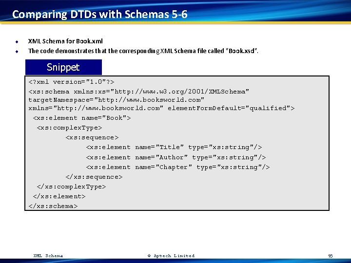 Comparing DTDs with Schemas 5 -6 u u XML Schema for Book. xml The
