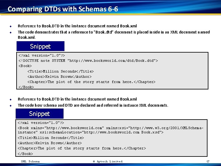 Comparing DTDs with Schemas 6 -6 u u Reference to Book. DTD in the