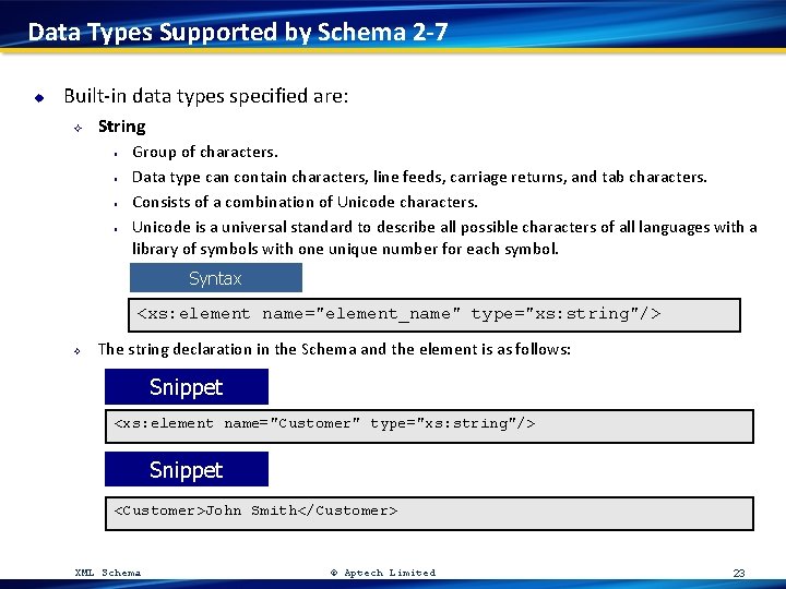 Data Types Supported by Schema 2 -7 u Built-in data types specified are: ²