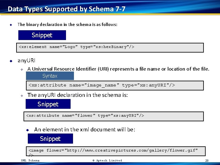 Data Types Supported by Schema 7 -7 u The binary declaration in the schema