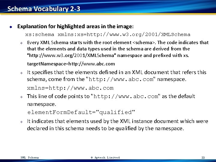 Schema Vocabulary 2 -3 u Explanation for highlighted areas in the image: ² xs: