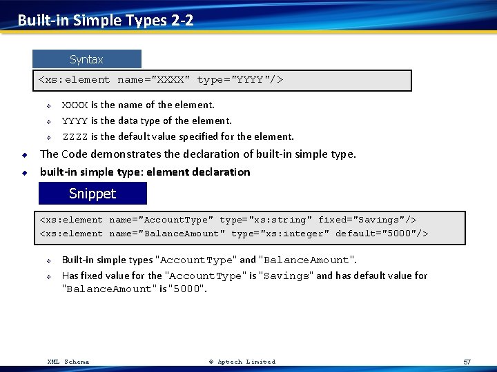 Built-in Simple Types 2 -2 Syntax <xs: element name="XXXX" type="YYYY"/> ² ² ² u