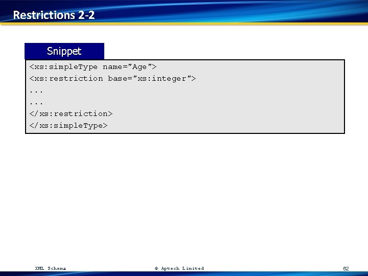 Restrictions 2 -2 Snippet <xs: simple. Type name="Age"> <xs: restriction base="xs: integer">. . .