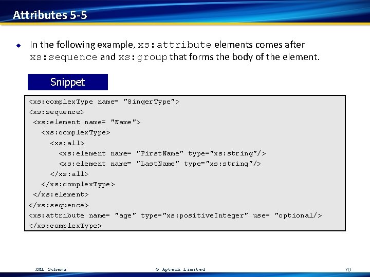 Attributes 5 -5 u In the following example, xs: attribute elements comes after xs: