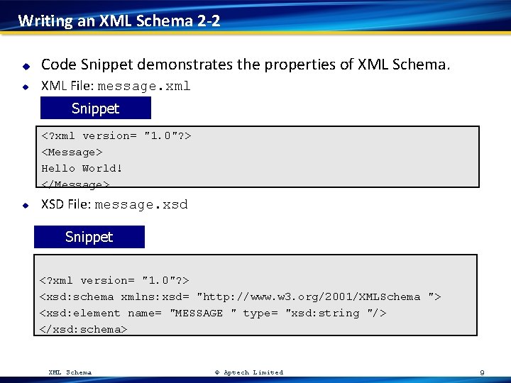 Writing an XML Schema 2 -2 u Code Snippet demonstrates the properties of XML