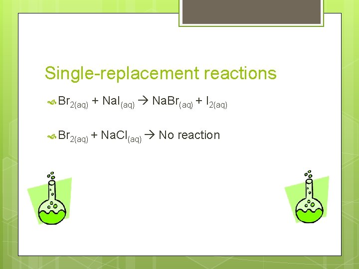 Single-replacement reactions Br 2(aq) + Na. I(aq) Na. Br(aq) + I 2(aq) Br 2(aq)