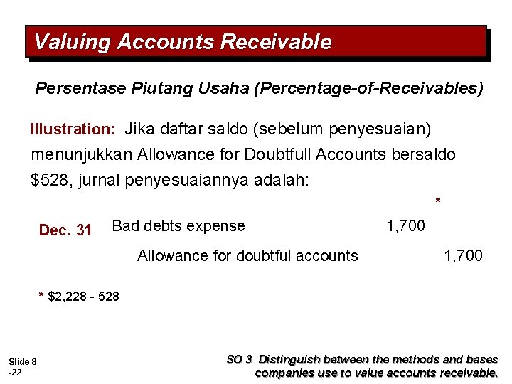 Valuing Accounts Receivable Persentase Piutang Usaha (Percentage-of-Receivables) Illustration: Jika daftar saldo (sebelum penyesuaian) menunjukkan Valuing Accounts Receivable Persentase Piutang Usaha (Percentage-of-Receivables) Illustration: Jika daftar saldo (sebelum penyesuaian) menunjukkan