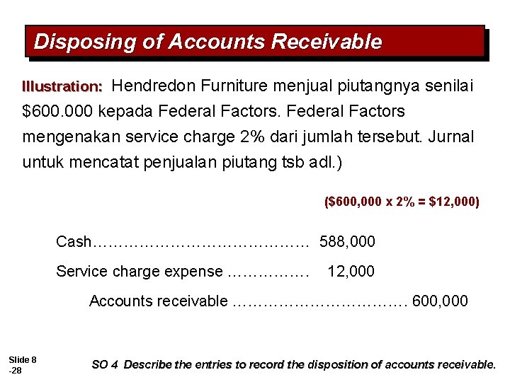 Disposing of Accounts Receivable Illustration: Hendredon Furniture menjual piutangnya senilai $600. 000 kepada Federal Disposing of Accounts Receivable Illustration: Hendredon Furniture menjual piutangnya senilai $600. 000 kepada Federal