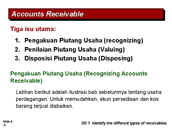Accounts Receivable Tiga isu utama: 1. Pengakuan Piutang Usaha (recognizing) 2. Penilaian Piutang Usaha Accounts Receivable Tiga isu utama: 1. Pengakuan Piutang Usaha (recognizing) 2. Penilaian Piutang Usaha