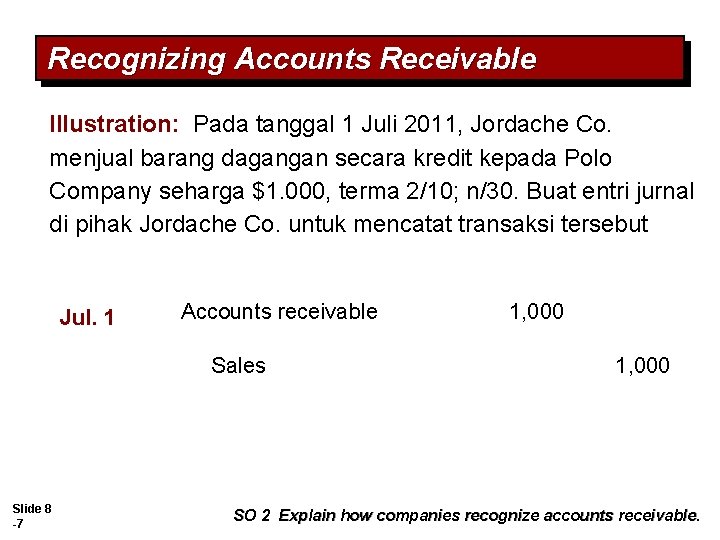 Recognizing Accounts Receivable Illustration: Pada tanggal 1 Juli 2011, Jordache Co. menjual barang dagangan Recognizing Accounts Receivable Illustration: Pada tanggal 1 Juli 2011, Jordache Co. menjual barang dagangan