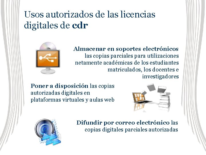 Usos autorizados de las licencias digitales de cdr Almacenar en soportes electrónicos las copias