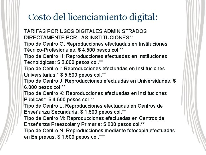 Costo del licenciamiento digital: TARIFAS POR USOS DIGITALES ADMINISTRADOS DIRECTAMENTE POR LAS INSTITUCIONES*: Tipo