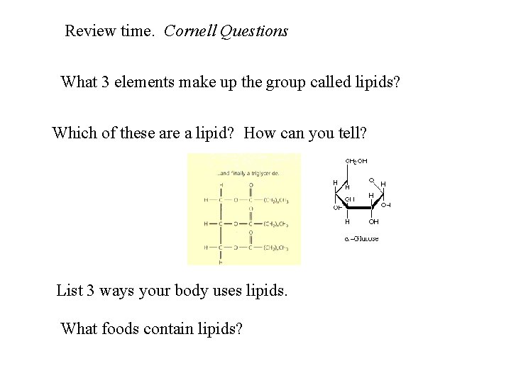 Review time. Cornell Questions What 3 elements make up the group called lipids? Which