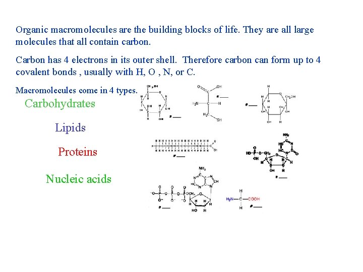 Organic macromolecules are the building blocks of life. They are all large molecules that