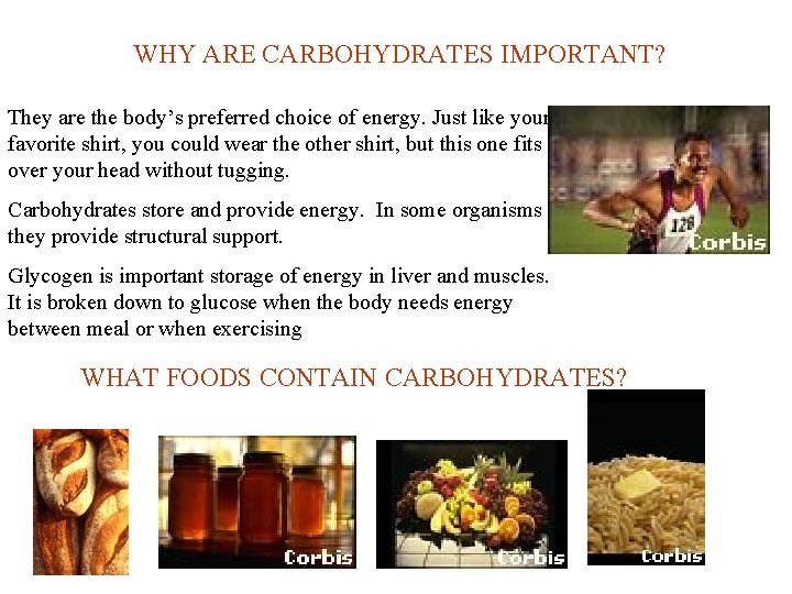 WHY ARE CARBOHYDRATES IMPORTANT? They are the body’s preferred choice of energy. Just like