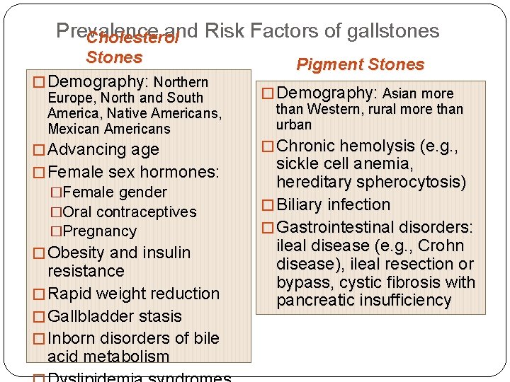 Prevalence and Risk Factors of gallstones Cholesterol Stones � Demography: Northern Europe, North and