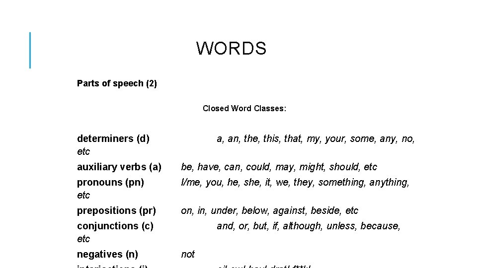 WORDS Parts of speech (2) Closed Word Classes: determiners (d) etc a, an, the, WORDS Parts of speech (2) Closed Word Classes: determiners (d) etc a, an, the,