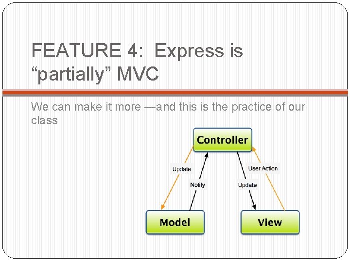 FEATURE 4: Express is “partially” MVC We can make it more ---and this is