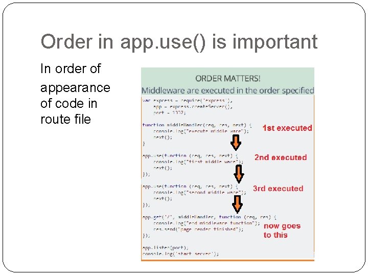 Order in app. use() is important In order of appearance of code in route