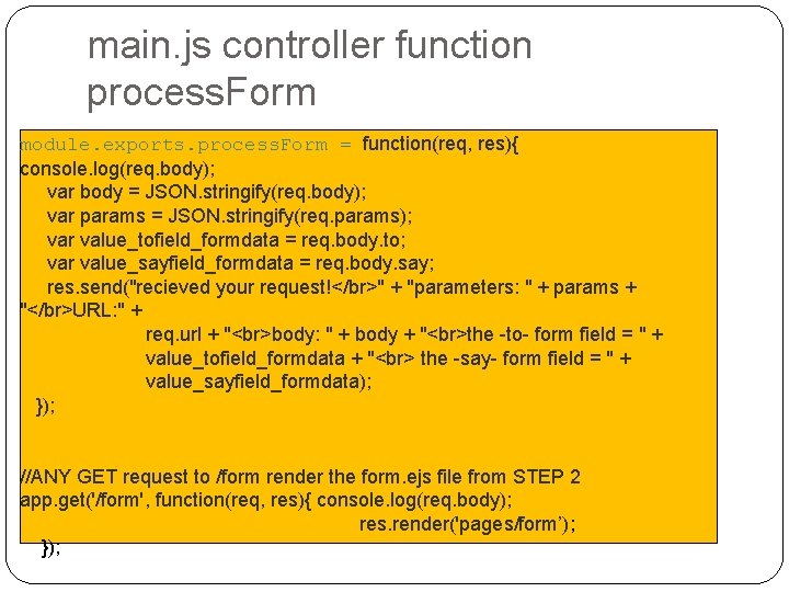 main. js controller function process. Form module. exports. process. Form = function(req, res){ �Inside