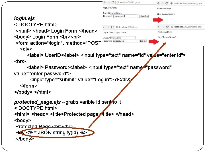  login. ejs <!DOCTYPE html> <head> Login Form </head> <body> Login Form <form action="/login",