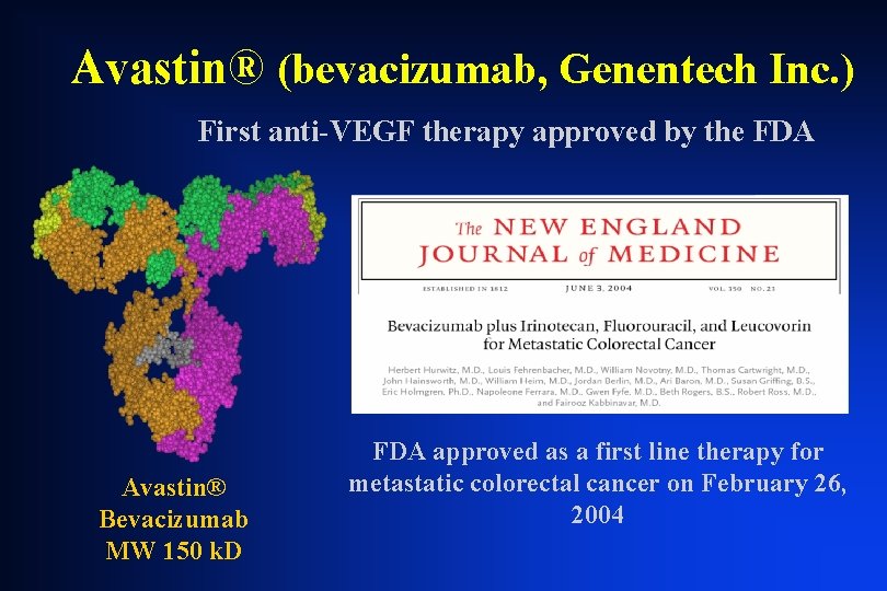 Avastin® (bevacizumab, Genentech Inc. ) First anti-VEGF therapy approved by the FDA Avastin® Bevacizumab Avastin® (bevacizumab, Genentech Inc. ) First anti-VEGF therapy approved by the FDA Avastin® Bevacizumab