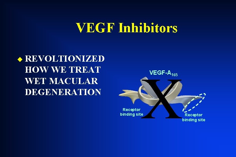 VEGF Inhibitors u REVOLTIONIZED HOW WE TREAT WET MACULAR DEGENERATION X VEGF-A 165 Receptor VEGF Inhibitors u REVOLTIONIZED HOW WE TREAT WET MACULAR DEGENERATION X VEGF-A 165 Receptor