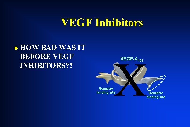 VEGF Inhibitors u HOW BAD WAS IT BEFORE VEGF INHIBITORS? ? X VEGF-A 165 VEGF Inhibitors u HOW BAD WAS IT BEFORE VEGF INHIBITORS? ? X VEGF-A 165