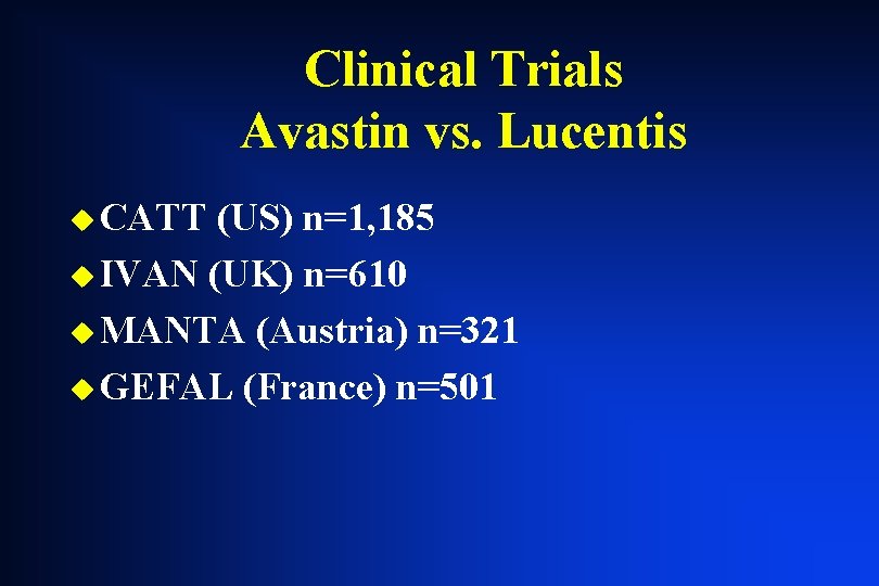 Clinical Trials Avastin vs. Lucentis u CATT (US) n=1, 185 u IVAN (UK) n=610 Clinical Trials Avastin vs. Lucentis u CATT (US) n=1, 185 u IVAN (UK) n=610
