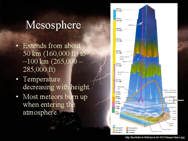 Mesosphere • Extends from about 50 km (160, 000 ft) to ~100 km (265,